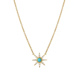 14K YELLOW GOLD SMALL DIAMOND & TURQUOISE SUNBURST NECKLACE