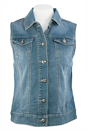 Baccini Medium Wash Denim Vest Dual Pocket Button Front Rhinestone Accent Button