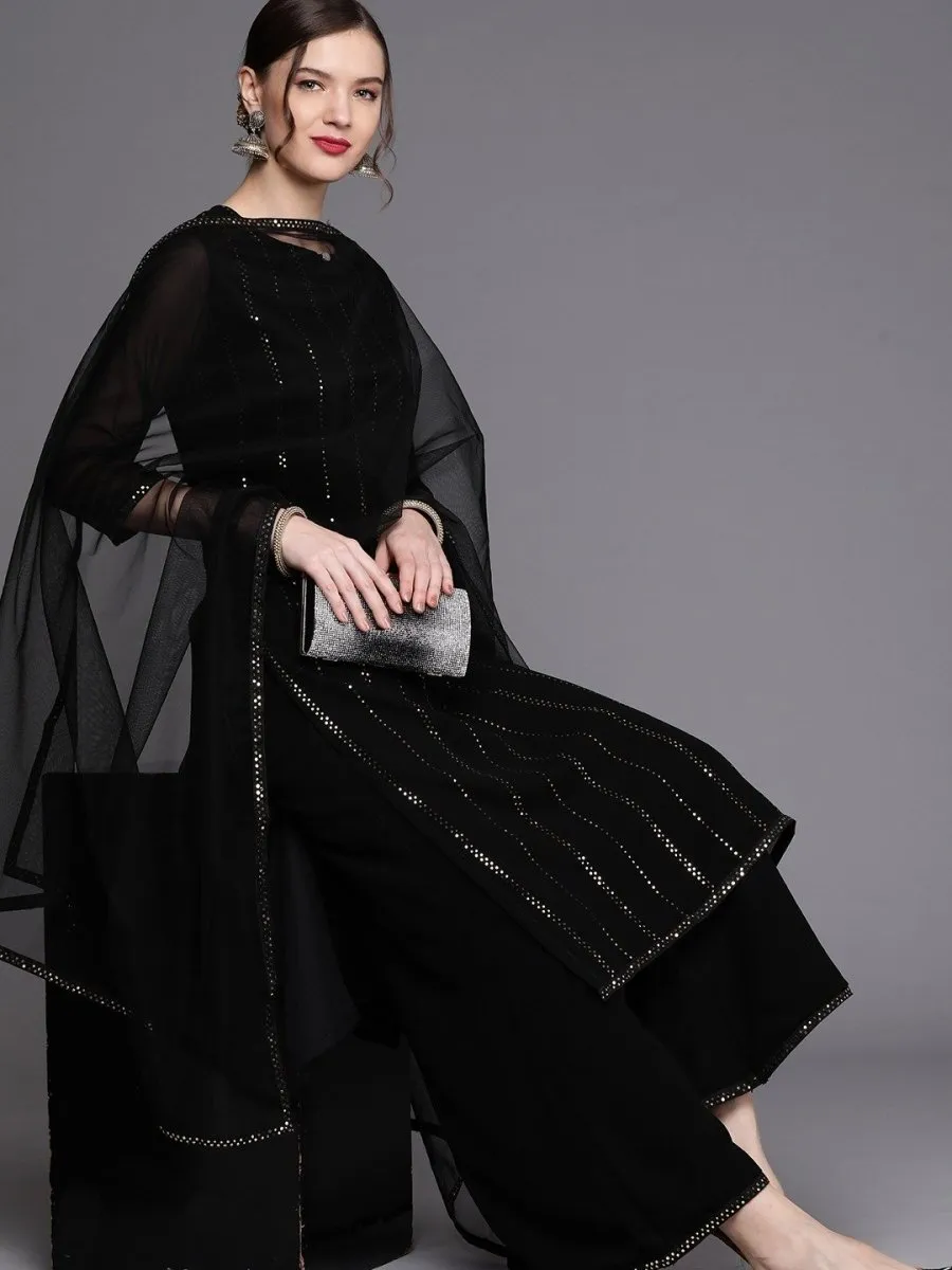 Black Silver Embellished Kurta with Palazzo and Net Dupatta