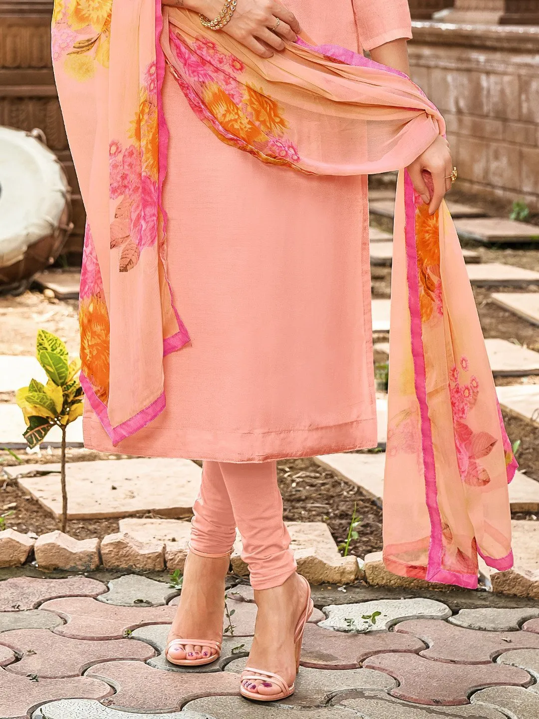 Chanderi Embroidered Unstitched Cotton Suit Orange