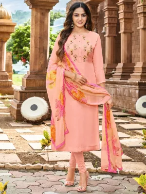 Chanderi Embroidered Unstitched Cotton Suit Orange