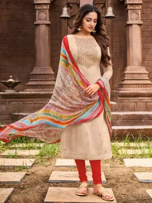 Designer Beige Embroidered Unstitched Cotton Suit