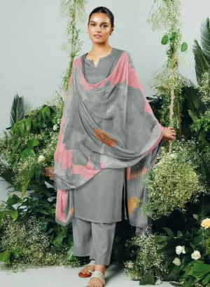 Ganga Cotton Satin Unstitched Grey Suit With Chiffon Dupatta