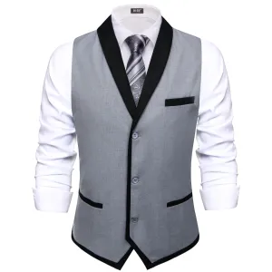 Hi-Tie Black Shawl Collar Grey Solid Waistcoat Formal Vests for Business