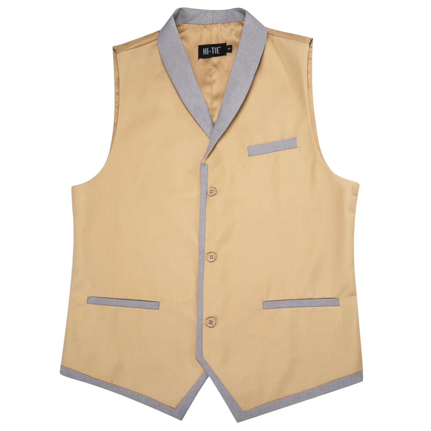 Hi-Tie Grey Shawl Collar Beige Solid Waistcoat Formal Vests for Business