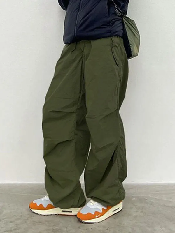 High Waisted Loose Drawstring Pleated Solid Color Pants Trousers