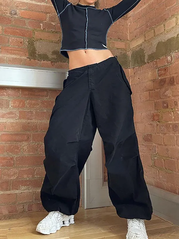 High Waisted Loose Drawstring Pleated Solid Color Pants Trousers