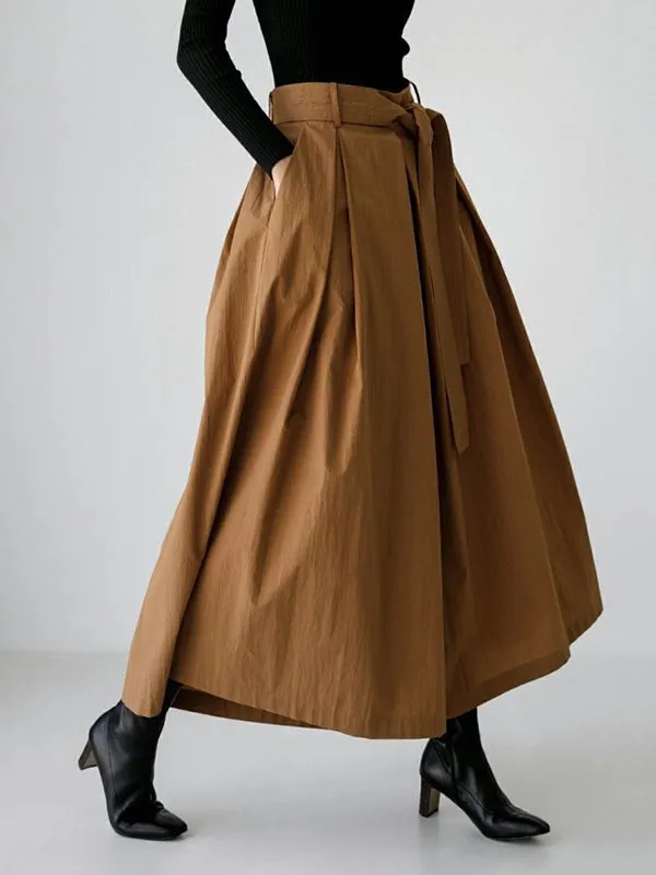 High Waisted Loose Pleated Solid Color Tied Waist Wide Leg Pants Trousers