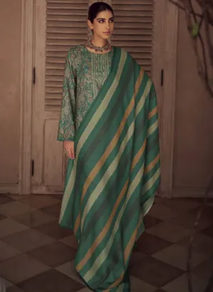 Kesar Dark Green Pashmina Winter Suit Dress Material with Embroidery