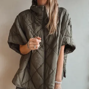 New Khaki Puffer Poncho Gilet Jacket - Stylish & Versatile Outerwear