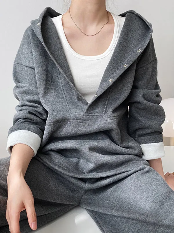 Loose Long Sleeves Split-Joint Hoodies   Elasticity Solid Color Pants Trousers Two Pieces Set