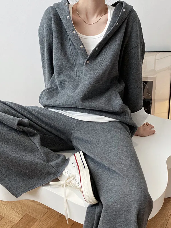 Loose Long Sleeves Split-Joint Hoodies   Elasticity Solid Color Pants Trousers Two Pieces Set