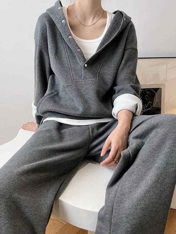 Loose Long Sleeves Split-Joint Hoodies   Elasticity Solid Color Pants Trousers Two Pieces Set