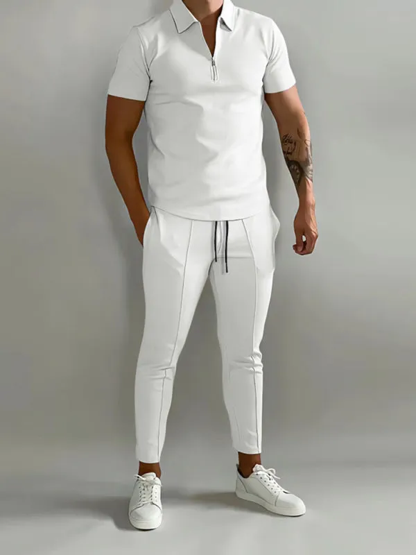 Men's solid color lapel short-sleeved POLO shirt   trousers two-piece suit