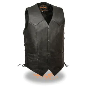 Milwaukee Leather LKM3731 Men's Black Leather Classic Side Lace V-Neck Motorcycle Rider Vest w/ Front Snap Closure