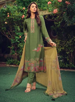 Muslin Silk Party Wear Unstitched Green Suit Dress Material for Women