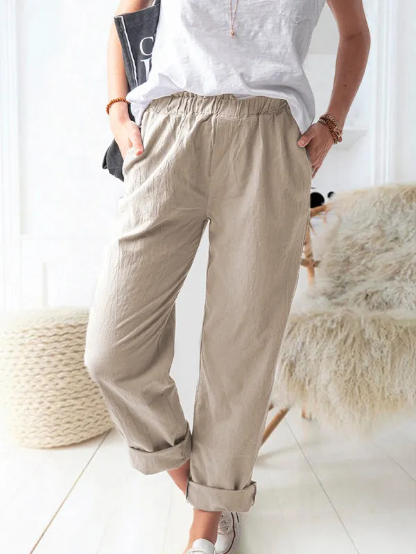 New style solid color casual elastic high waist straight trousers women