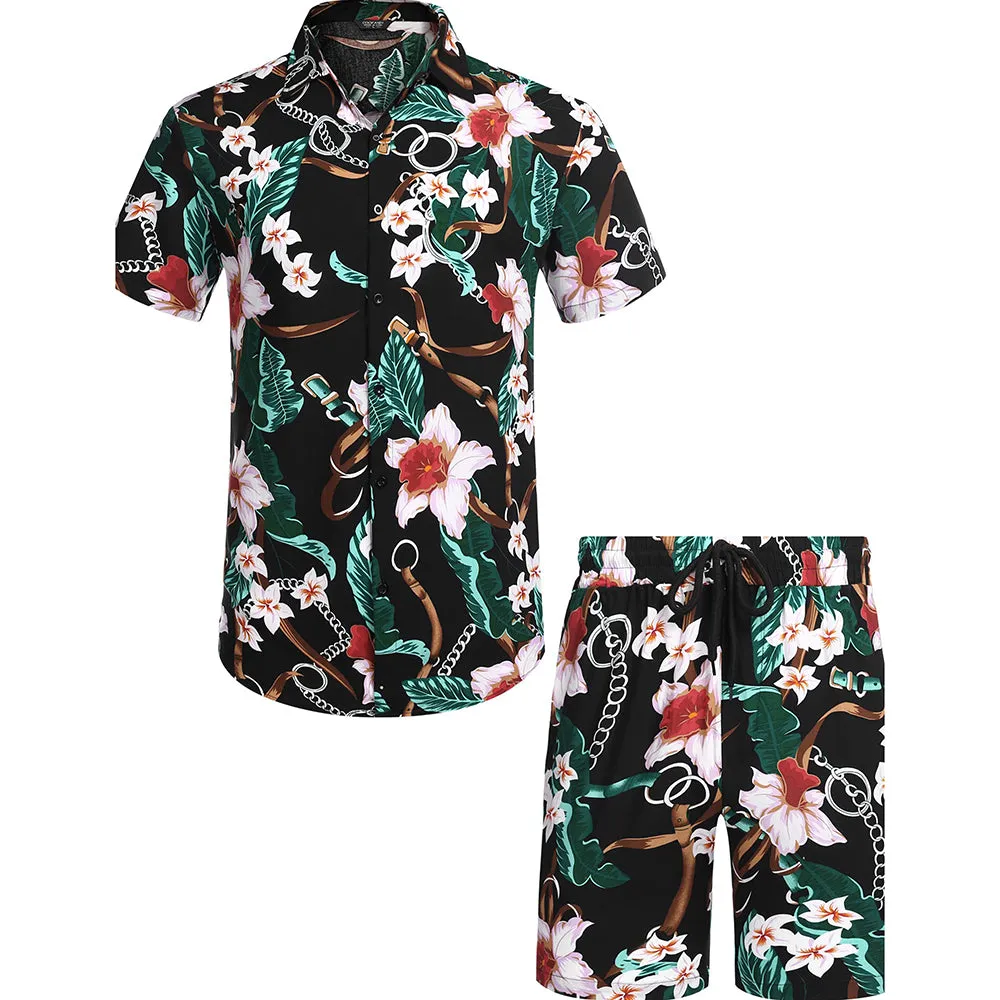 Summer Beach 2 Piece Outfits Flower Shirt Tracksuits for Men