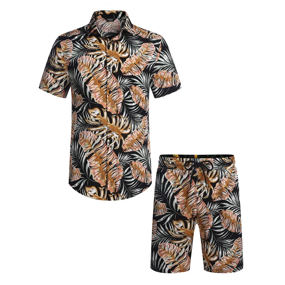 Summer Beach 2 Piece Outfits Flower Shirt Tracksuits for Men