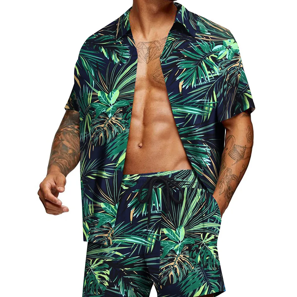 Summer Beach 2 Piece Outfits Flower Shirt Tracksuits for Men