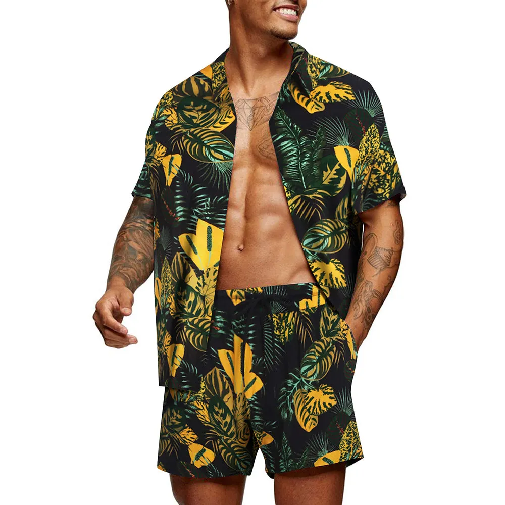 Summer Beach 2 Piece Outfits Flower Shirt Tracksuits for Men