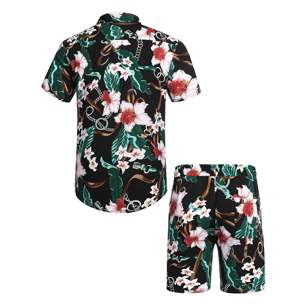 Summer Beach 2 Piece Outfits Flower Shirt Tracksuits for Men