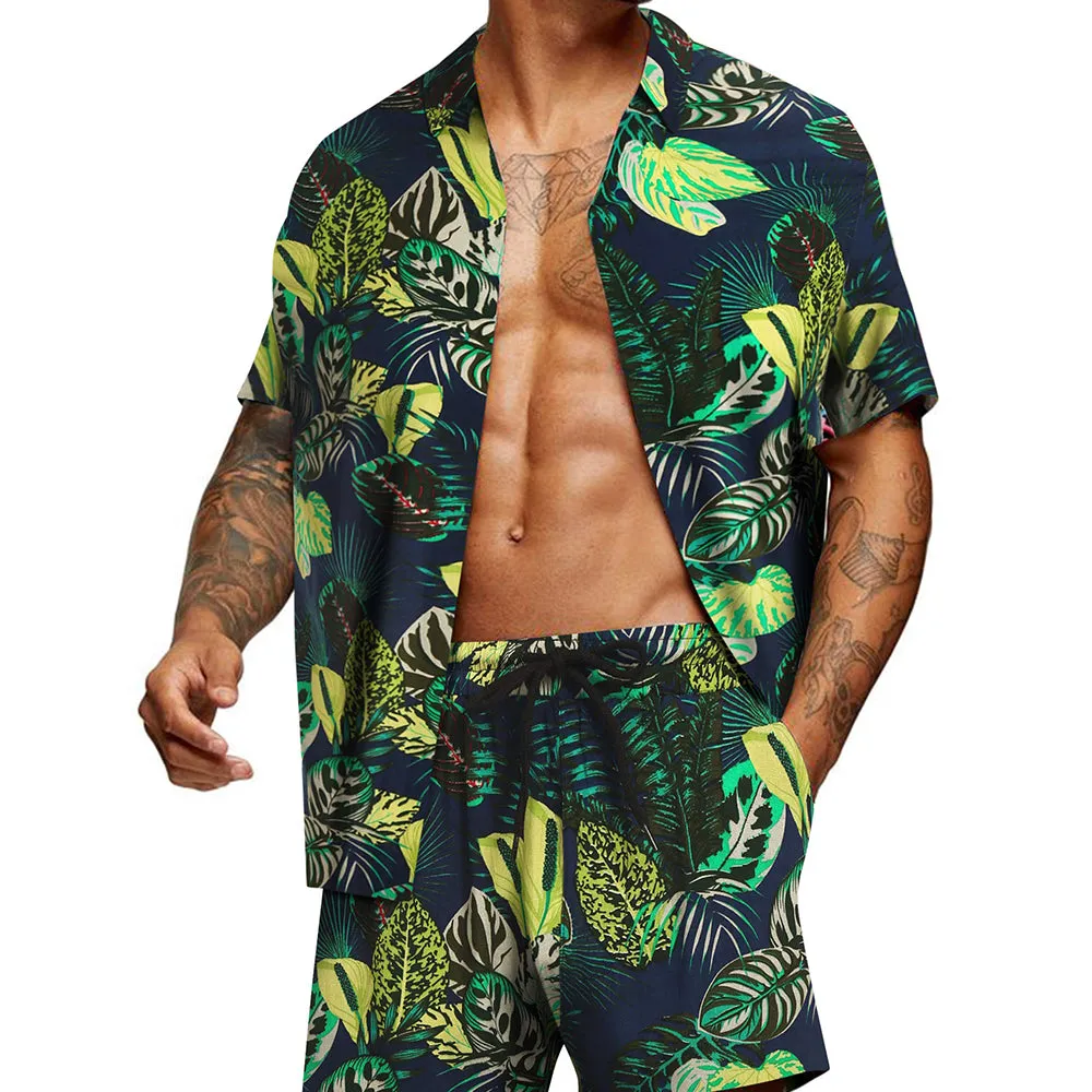 Summer Beach 2 Piece Outfits Flower Shirt Tracksuits for Men