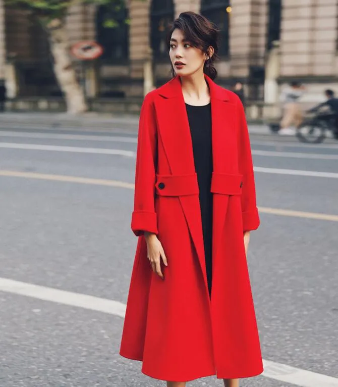 Waist Belt Wool Long Coat,Double Face Wool Coat/2222