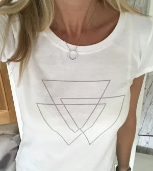 White tee with grey triangles