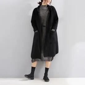 women black wool coat plus size trench coat fall Square Collar tie waist