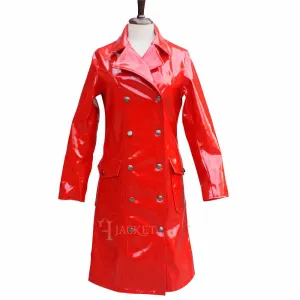 Women Military Double Breast Red Vinyl PVC Coat