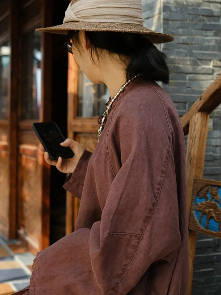 Women Vintage Autumn Button Strap Linen Long Robe Coat