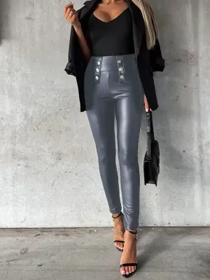 Women’s solid color button-down skinny casual leather pants